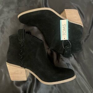 TOMS Black Suede Ankle Booties with Tan Stacked Heel
